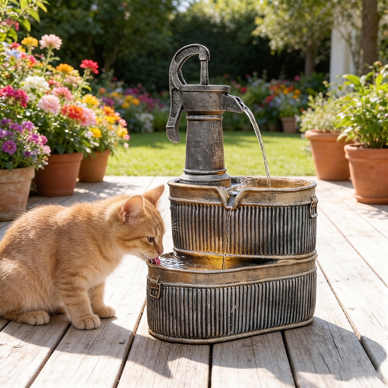 Outdoor Lighting Bronze - Outdoor Rustic 2-Tier Barrel Water Fountain